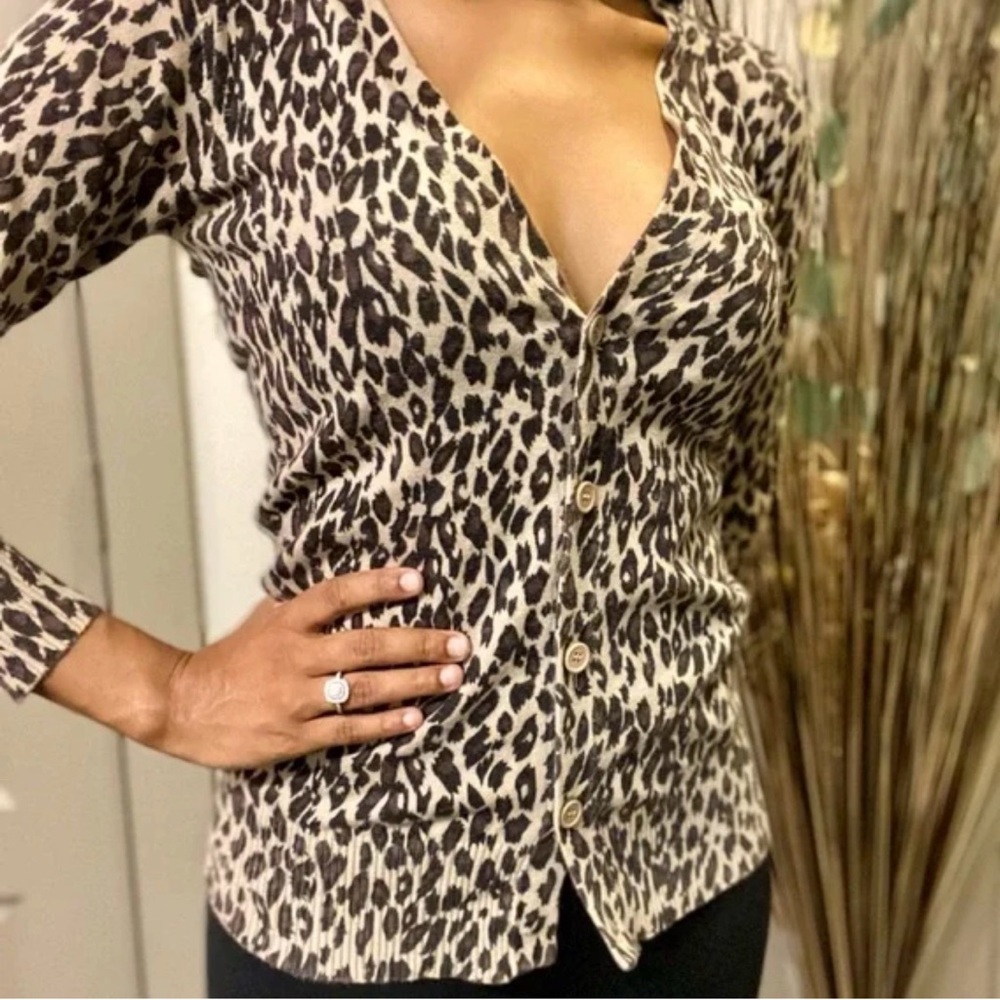 Tesori 100% Cashmere Leopard Print Button-Up Women's Top Size XS
